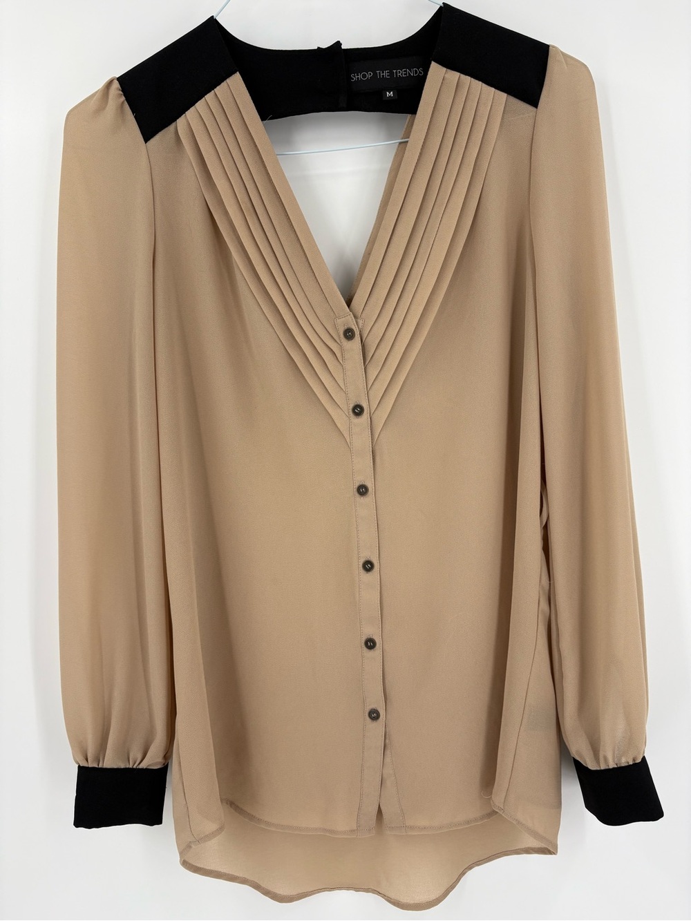 Sheer Beige Black Pleated V-Neck Blouse Top Elevated Timeless Blouse Top Medium